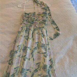 Lulu's Effortlessly Abloom Green Multi Floral Ruched Halter Maxi Dress